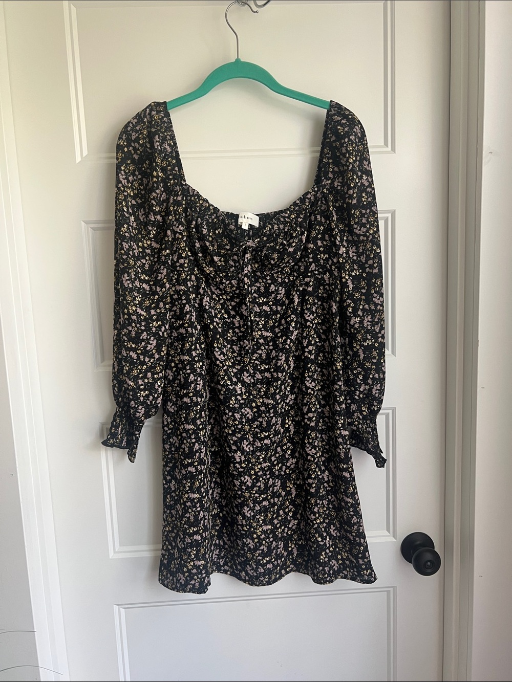 bohme Black Floral Long-Sleeve Square Neck Mini Dress